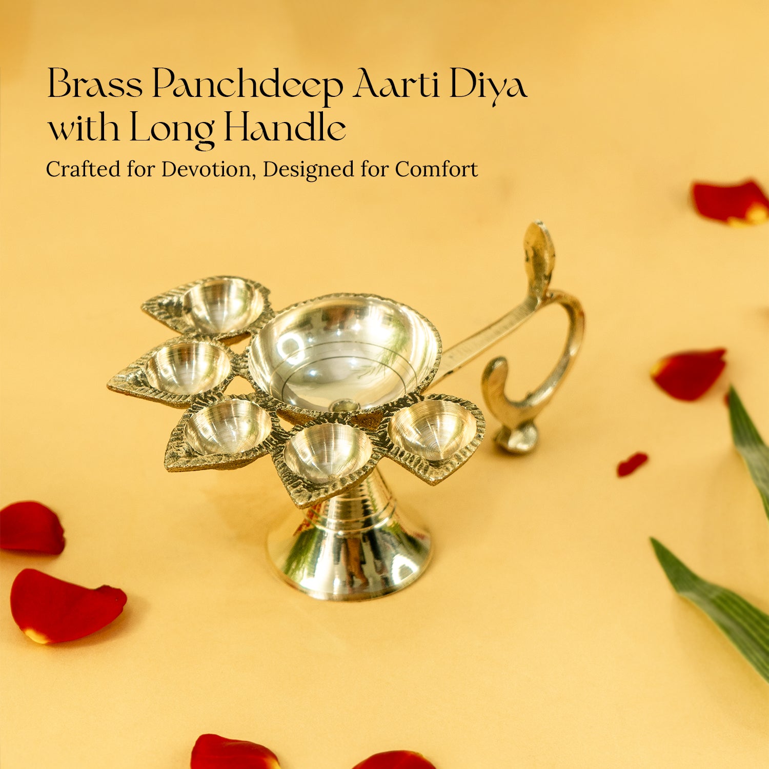 Brass Panchdeep Aarti Diya with Stand for Pooja & Home Temple