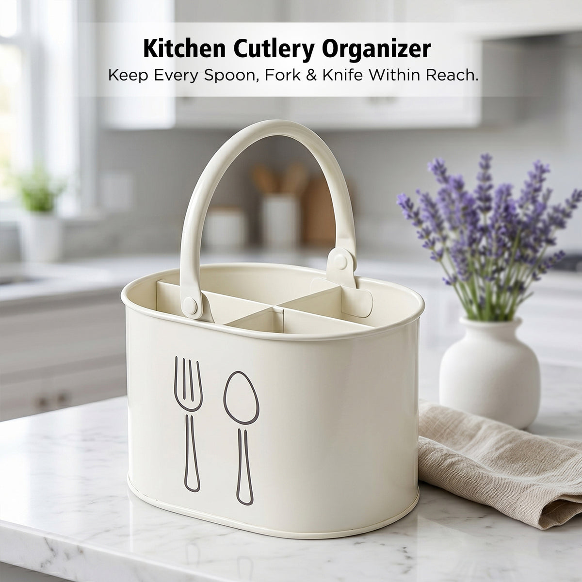 4 Compartment Metal Cutlery Holder with Handle