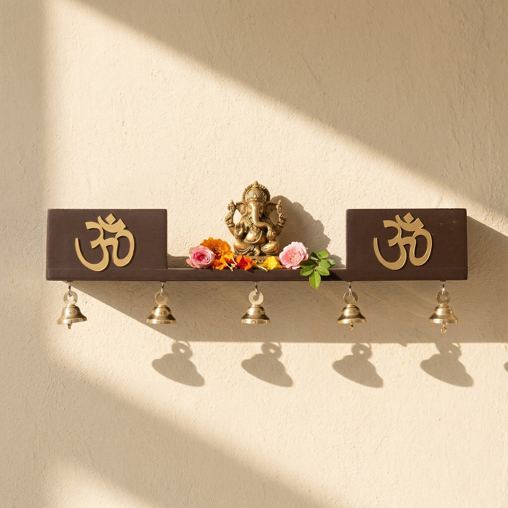 Wooden Wall Mounted Temple with Bells for Puja , Office & Home Decor