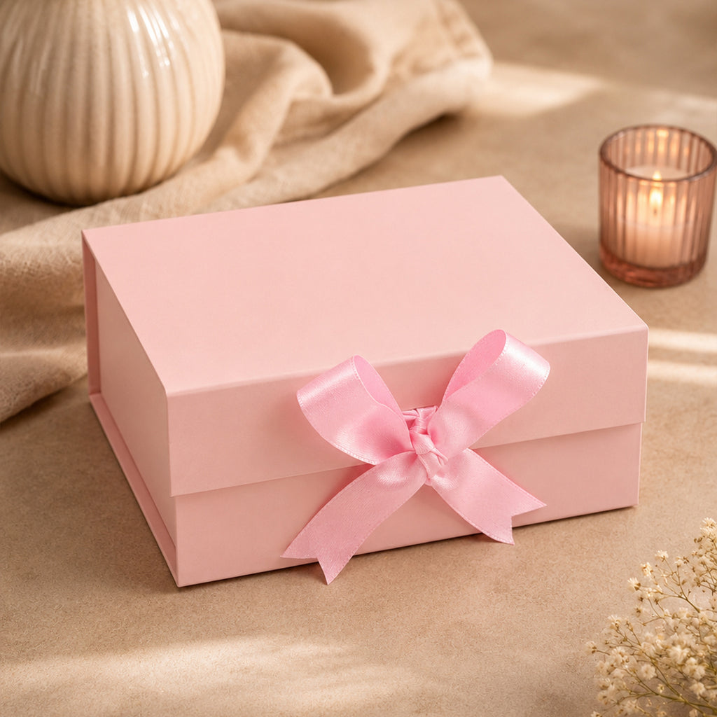 Pink Foldable Multipurpose Empty Gift Hamper Box with Magnetic Closure & Ribbon (21.5 x 21 x 9.5 cm)