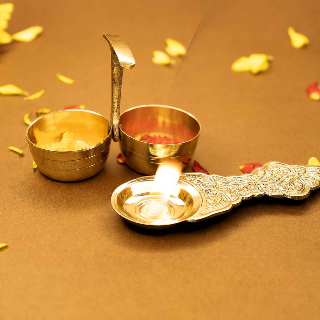 Pure Brass Kapoor Stand with Haldi Kumkum Holder Combo for Pooja & Temple Decor