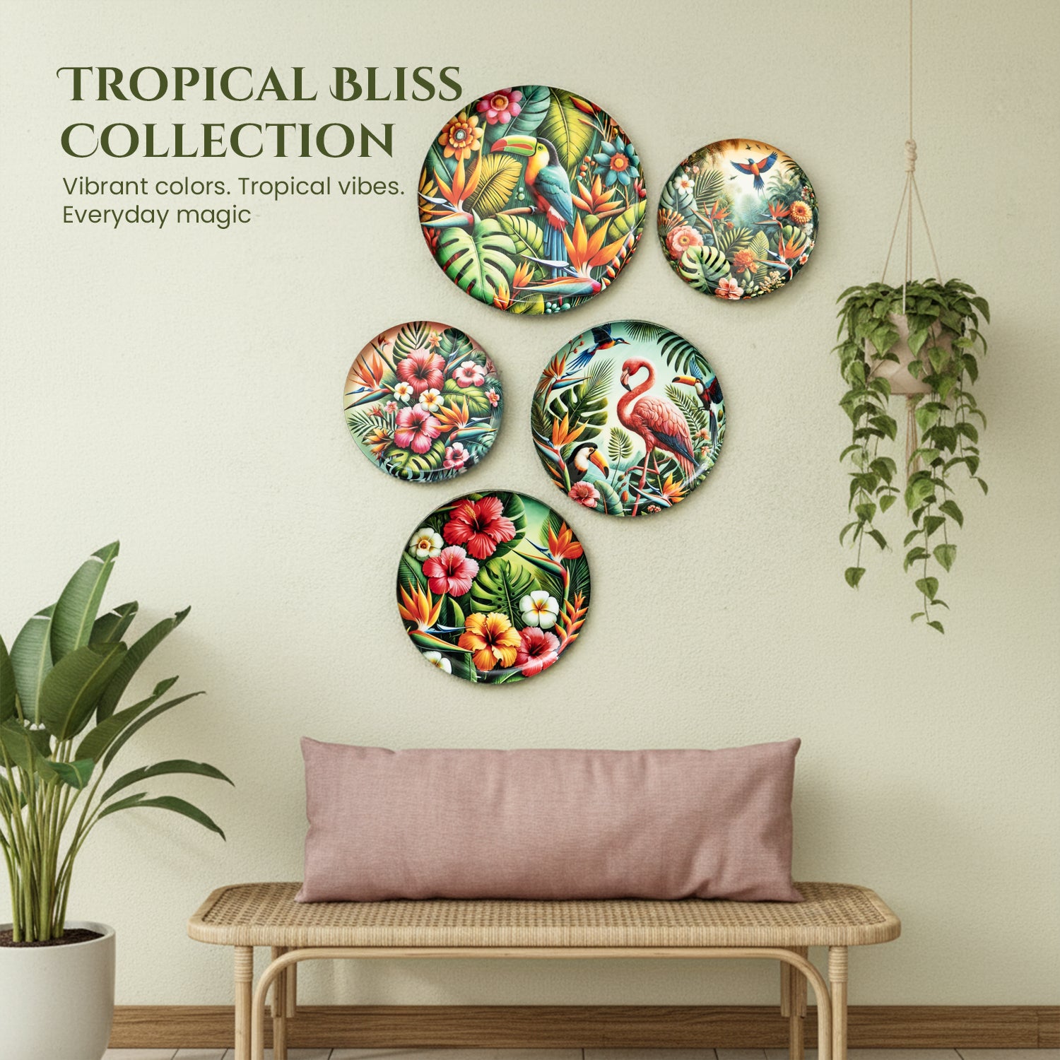 Tropical Art Metal Wall Hanging Plates Set of 5 for Living Room & Home Decor
