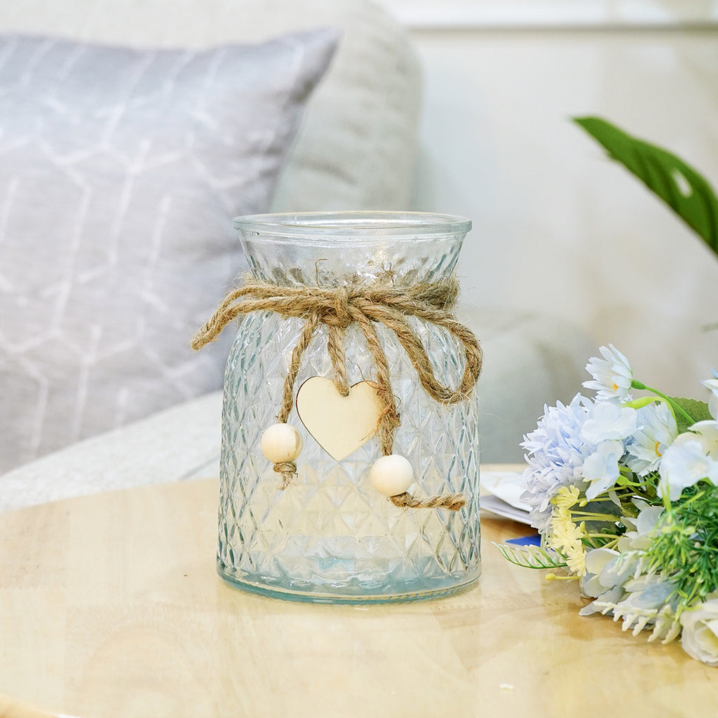 Glass Flower Vase with Heart Charm for Home Decor, Table Decor & Gifting