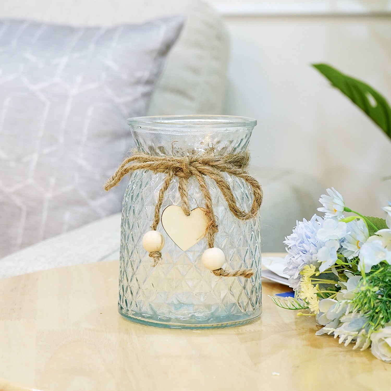 Glass Flower Vase with Heart Charm for Home Decor, Table Decor & Gifting