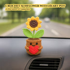 Sunflower with Heart Crochet Flowers Pot for Home Decor, Car Dashboard & Gifting