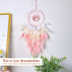 Pink Feather Dream Catcher with Tree of Life for Wall Decor & Bedroom Decoration
