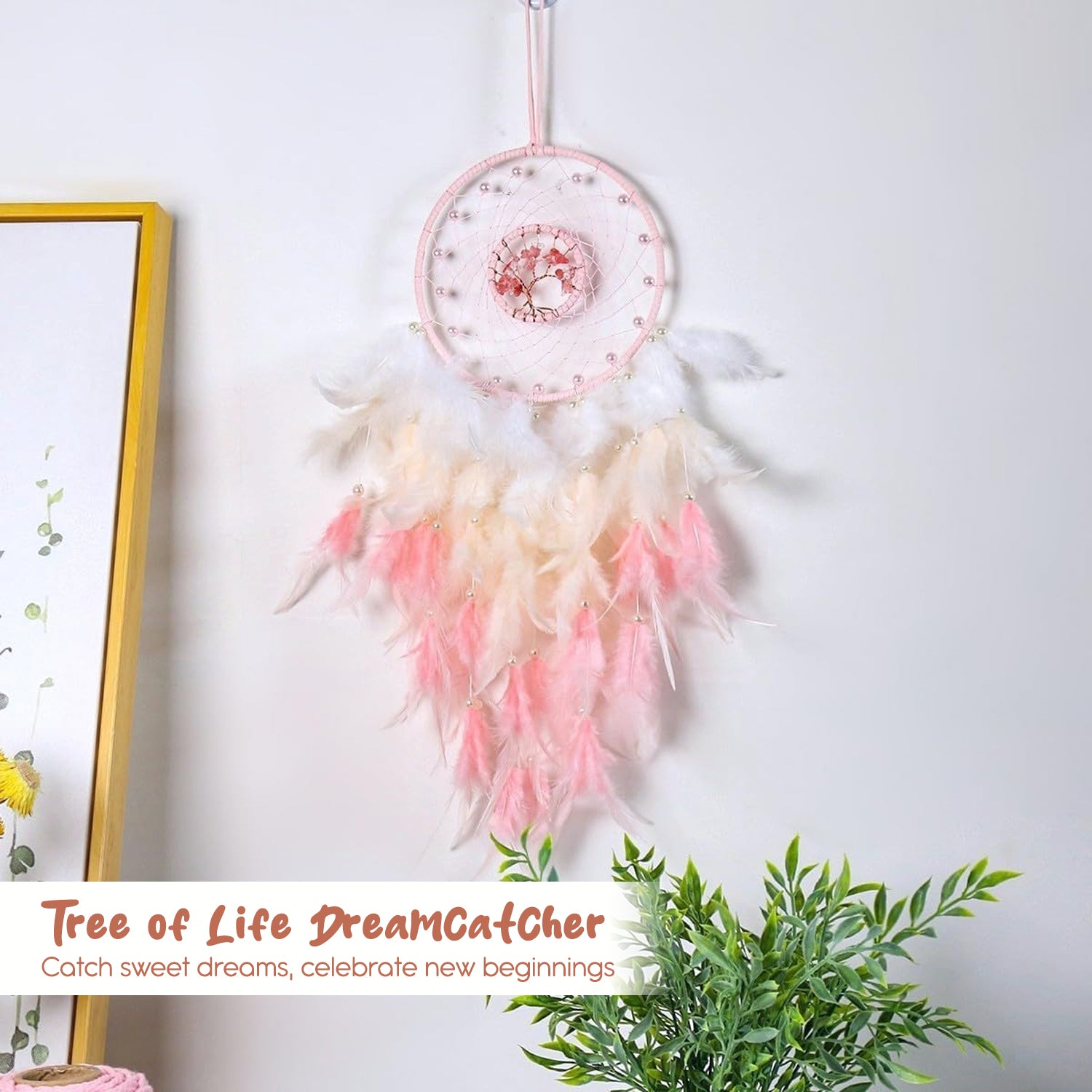 Pink Feather Dream Catcher with Tree of Life for Wall Decor & Bedroom Decoration