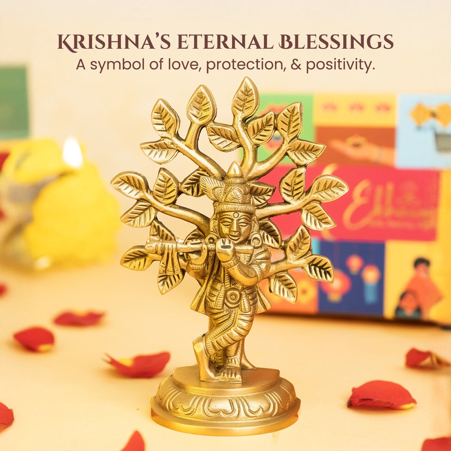 Brass Lord Krishna Idol with Kalpavriksha Tree & Flute Gift Box for Housewarming, Wedding & Gifting