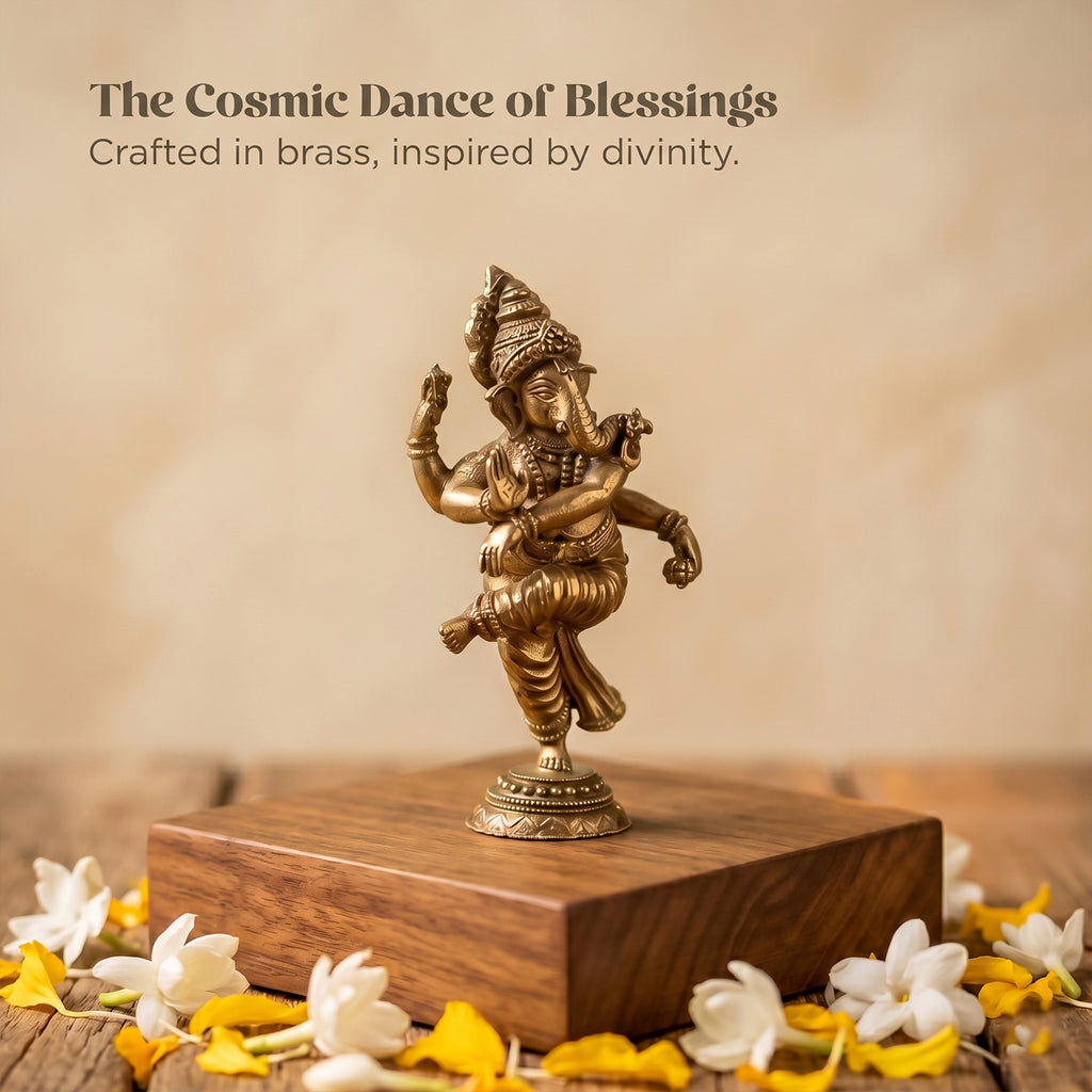 Brass Dancing Ganesha Idol for Pooja ,Home Decor, Office Desk & Car Dashboard