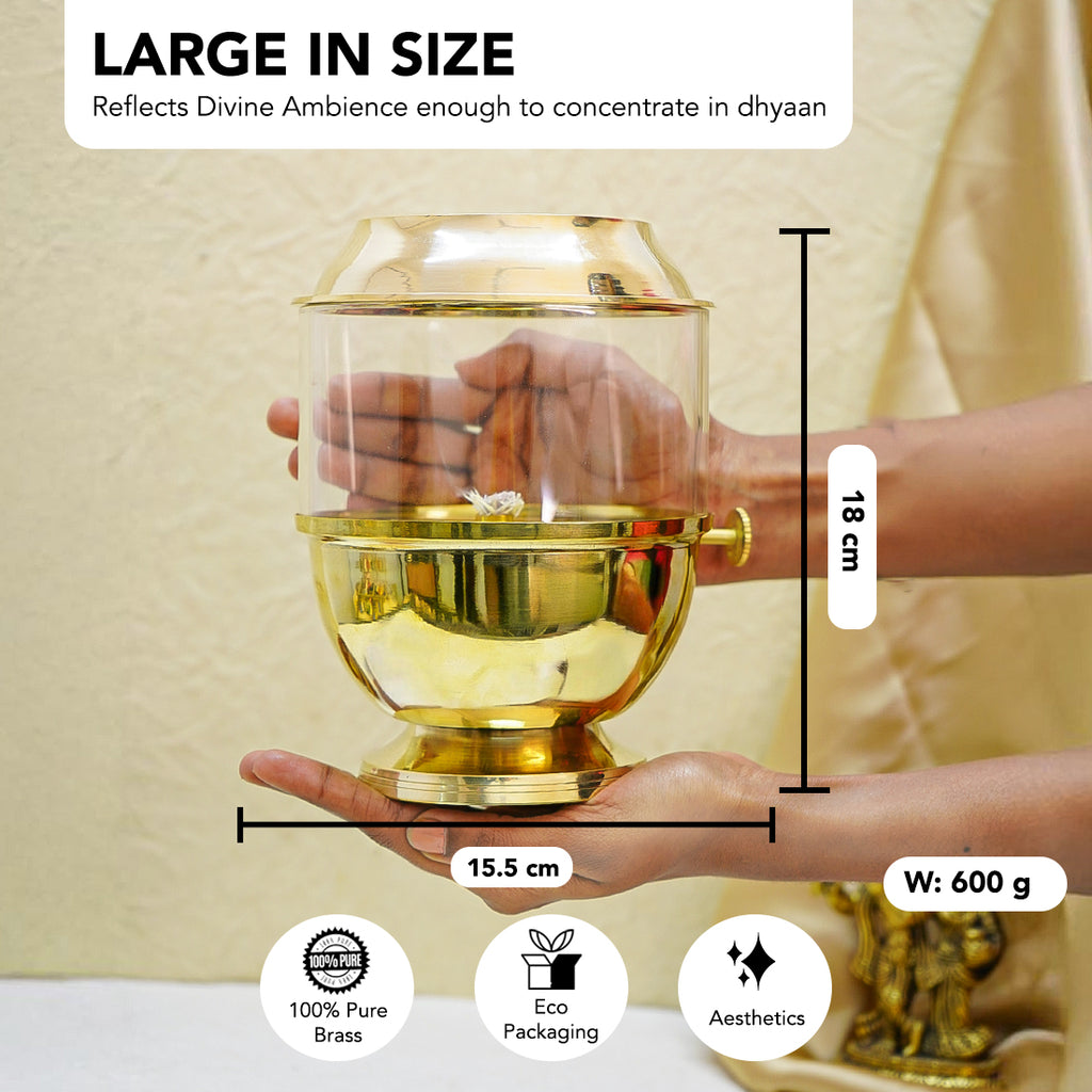 Brass Akhand Jyot Diya with Adjustable Bati Knob & Glass Cover for Puja(500 ML)