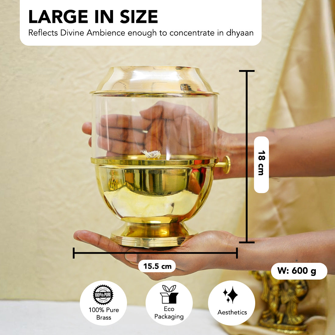 Brass Akhand Jyot Diya with Adjustable Bati Knob & Glass Cover for Puja(500 ML)