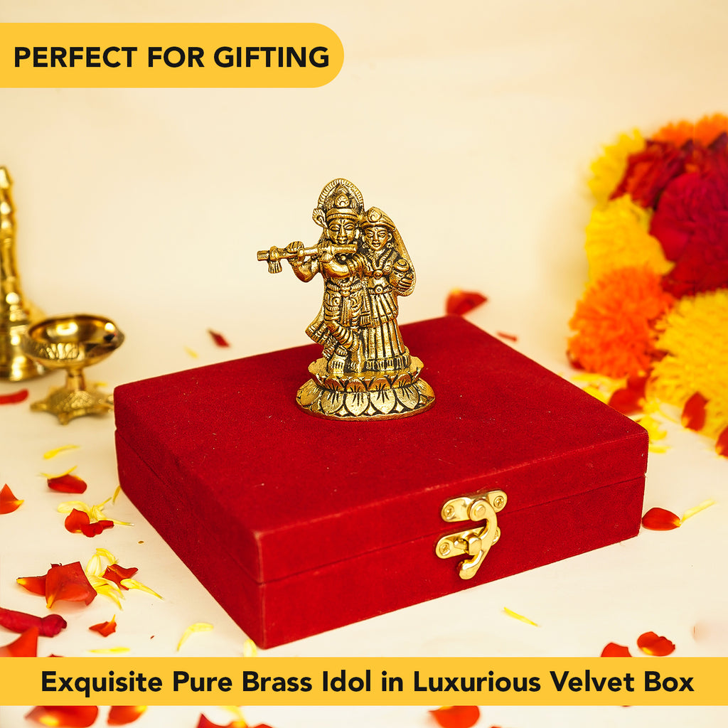 Brass Radha Krishna Idol with Velvet Gift Box for Housewarming, Wedding & Gifting