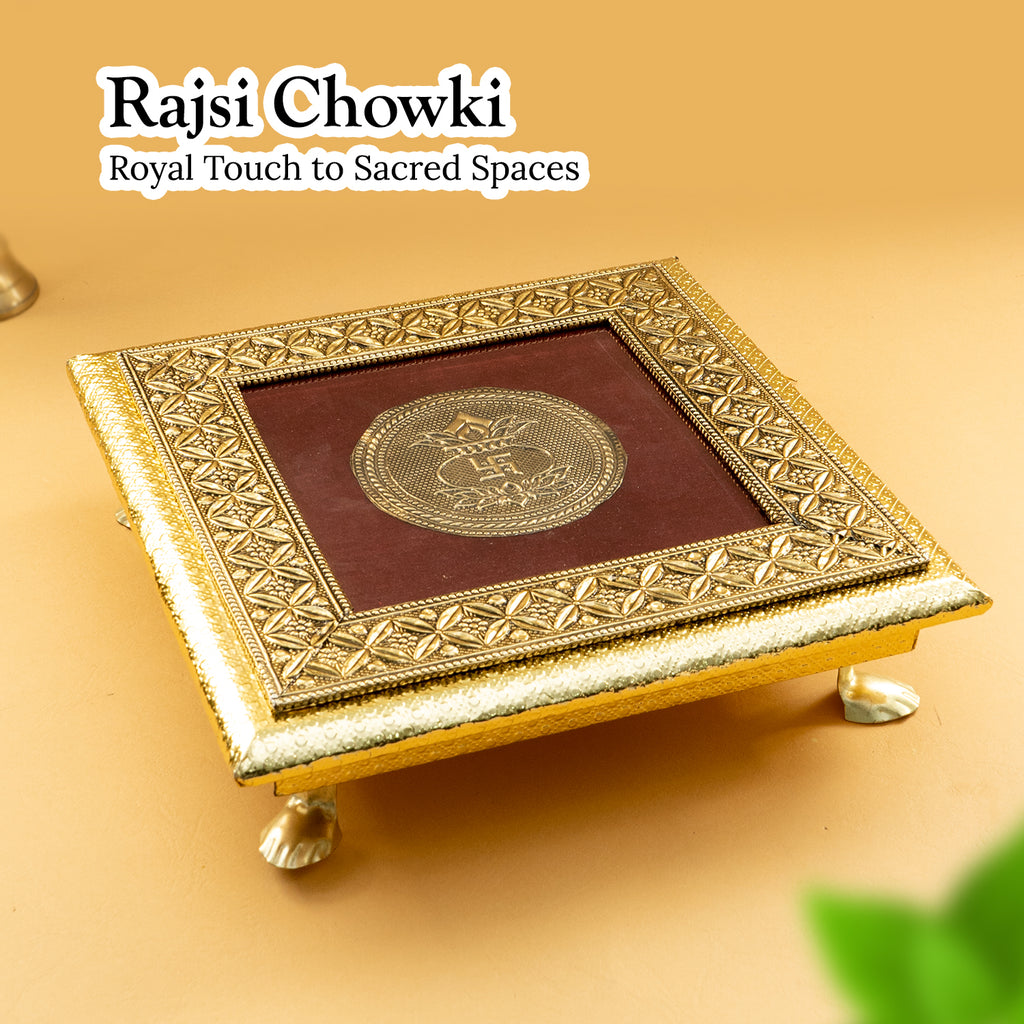 Gold Toned Wooden Lakshmi Chowki for Pooja, Home Temple & Festive Gifting
