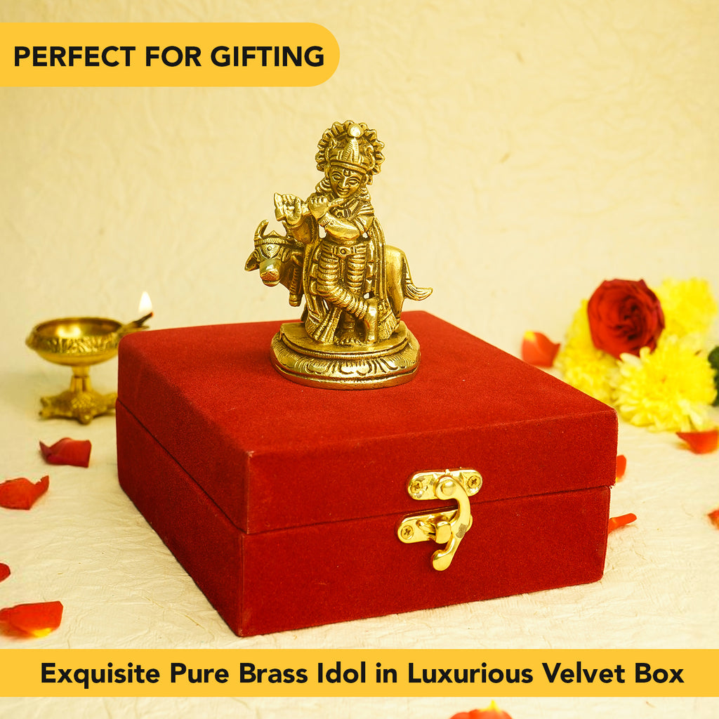 Pure Brass Krishna Idol with Velvet Gift Box for Housewarming, Wedding & Gifting
