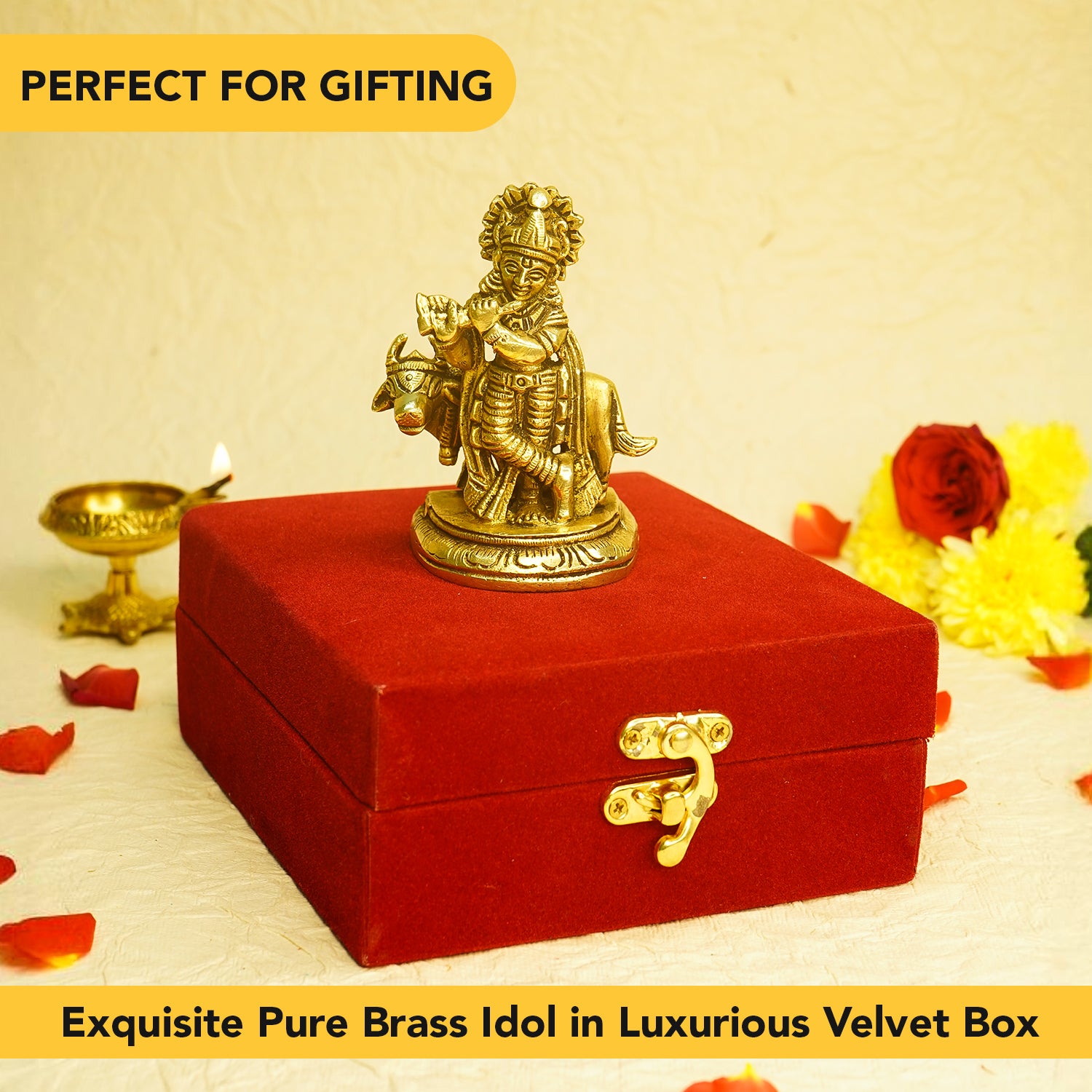 Pure Brass Krishna Idol with Velvet Gift Box for Housewarming, Wedding & Gifting
