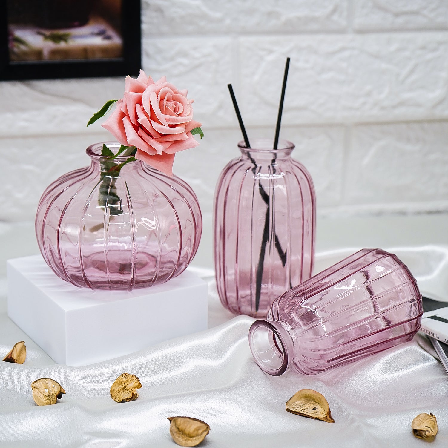 Pink Glass Bud Vase Set for Home Decor, Indoor Plants & Table Decor
