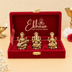 Pure Brass Lakshmi Ganesh Saraswati Idol with Velvet Gift Box for Housewarming, Wedding & Gifting