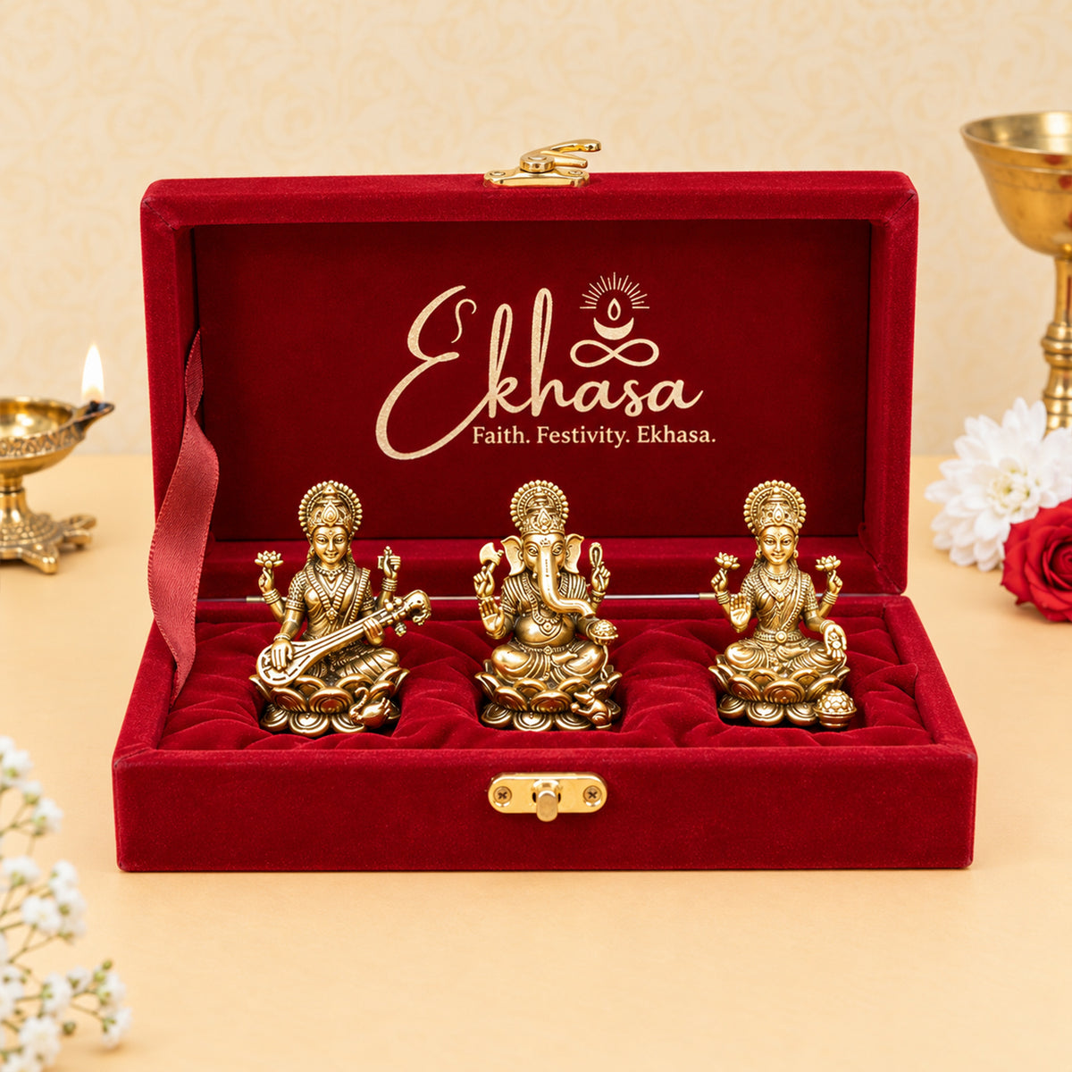 Pure Brass Lakshmi Ganesh Saraswati Idol with Velvet Gift Box for Housewarming, Wedding & Gifting