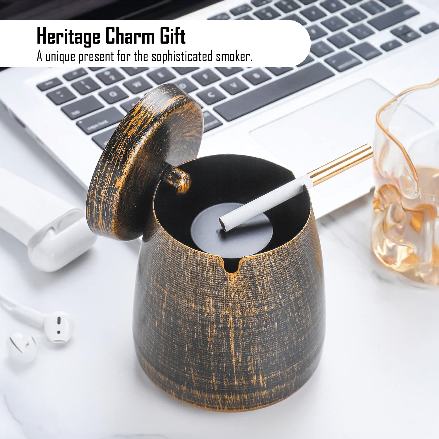 Metal Ashtray with Lid for Office & Home Decor