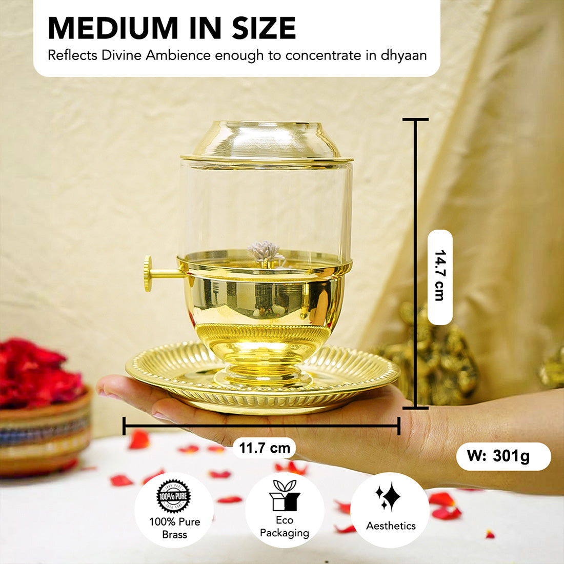 Brass Akhand Jyot Diya with Plate Adjustable Bati Knob & Glass Cover for Puja(Medium Size, 150 ml Oil Capacity)
