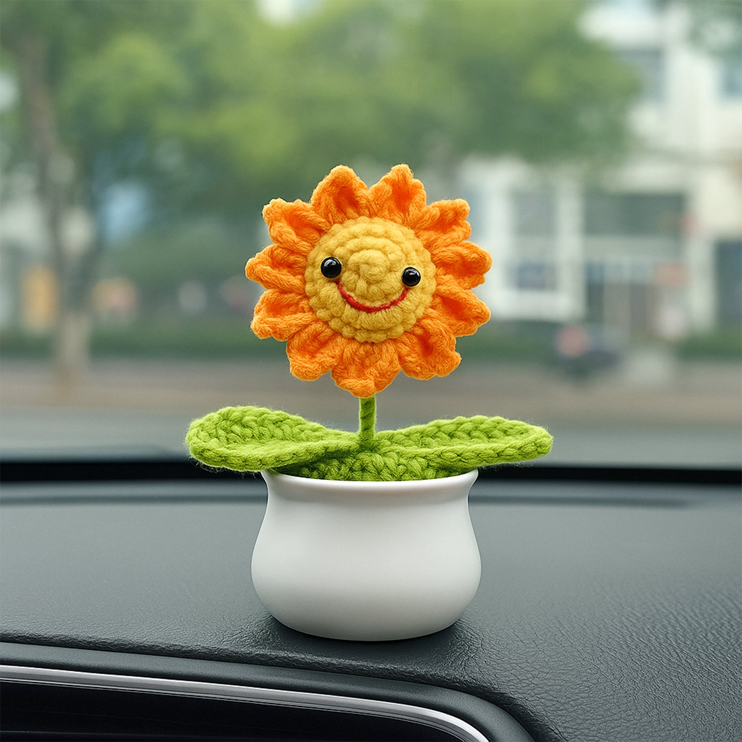 Smiley Sunflower Crochet Flowers Pot for Home Decor, Car Dashboard & Gifting