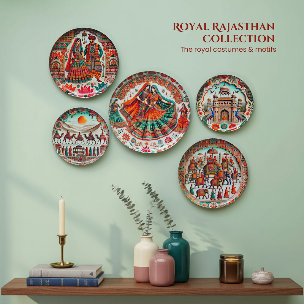 Rajasthani Art Metal Wall Hanging Plates Set of 5 for Living Room & Home Decor