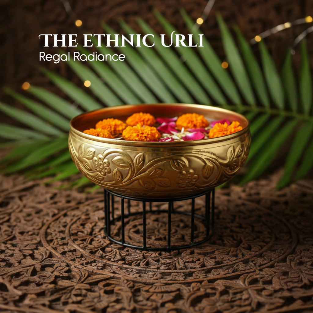 Gold Urli Bowl with Stand for Home Decor, Table Decor, Diwali Decoration & Gifting