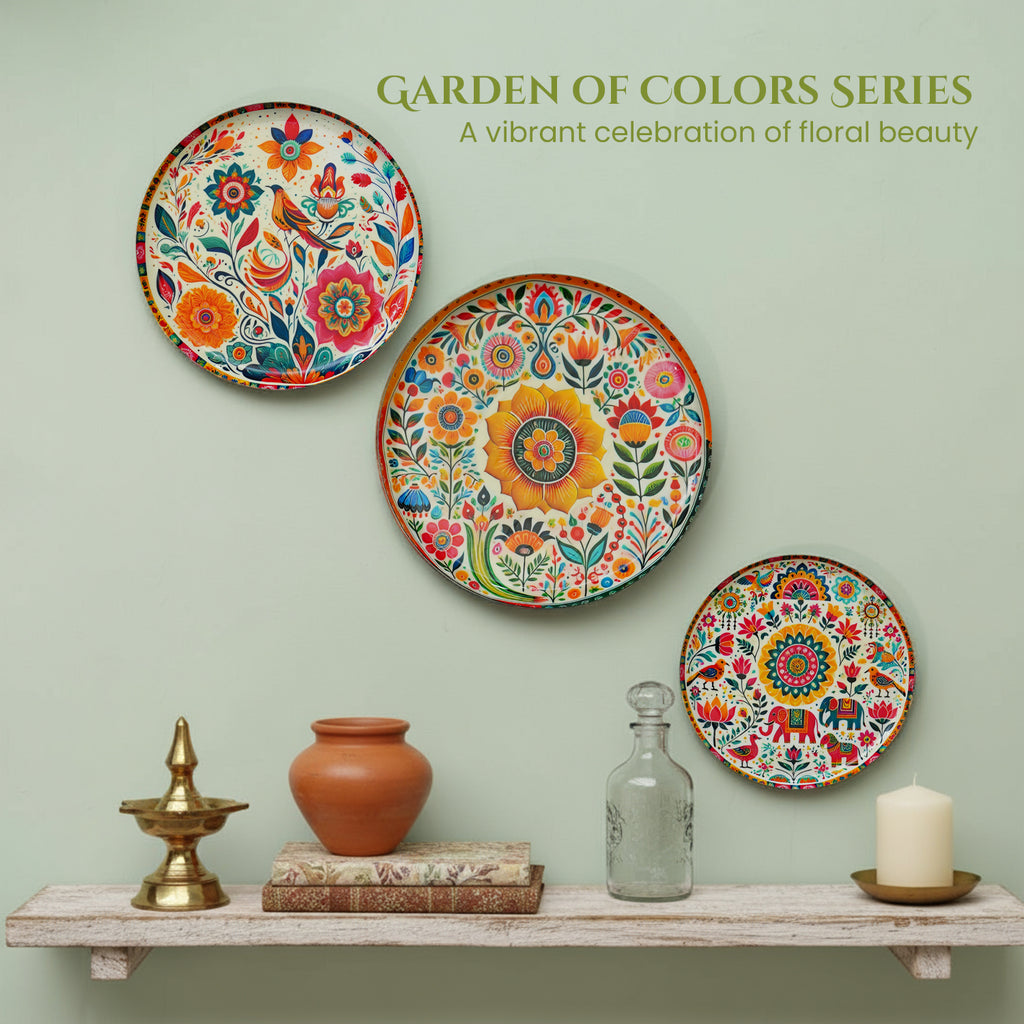 Floral Art Metal Wall Hanging Plates Set of 3 for Living Room & Home Decor