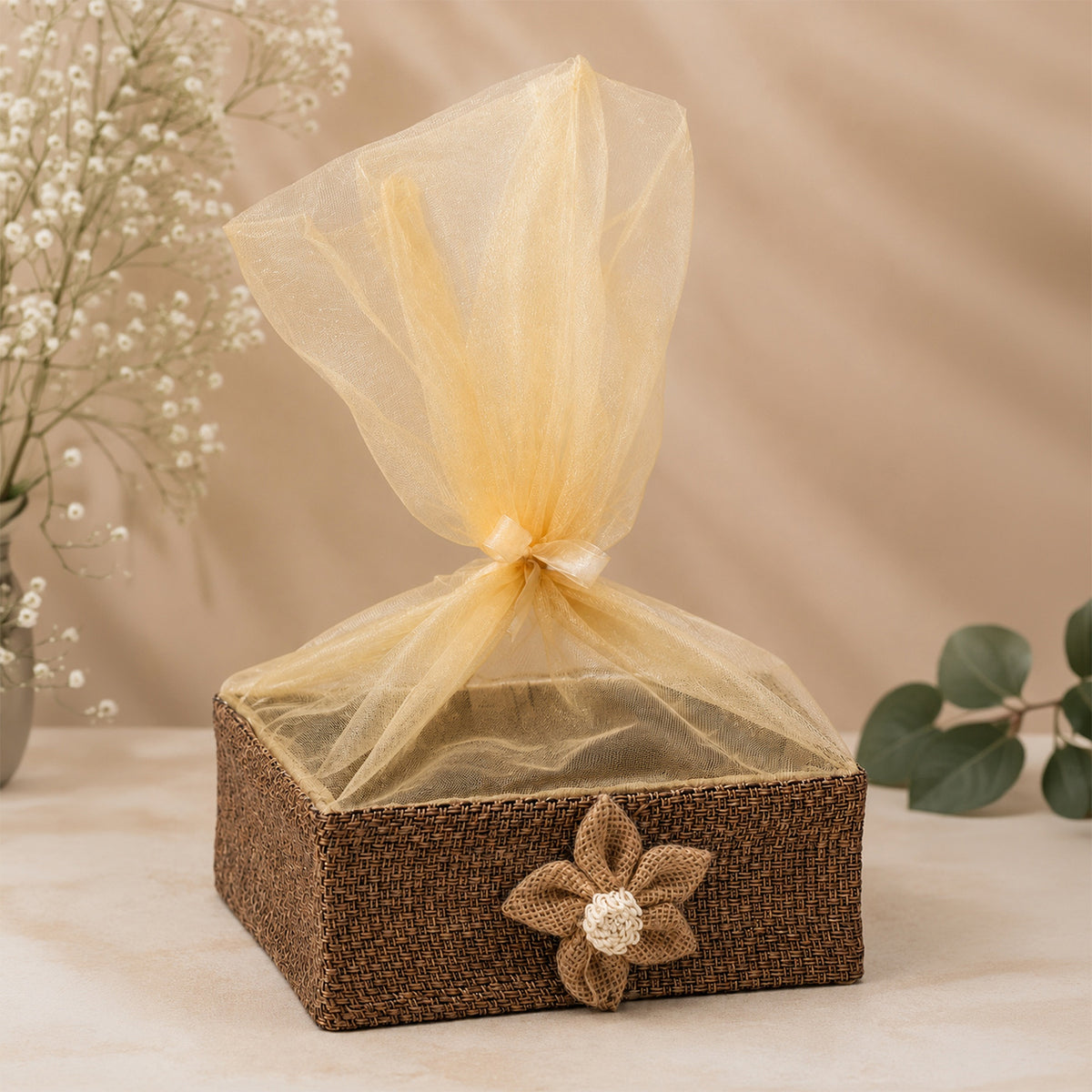 Floral Jute Gift Hamper Basket with Net Cover (21.5 x 21 x 8 cm)
