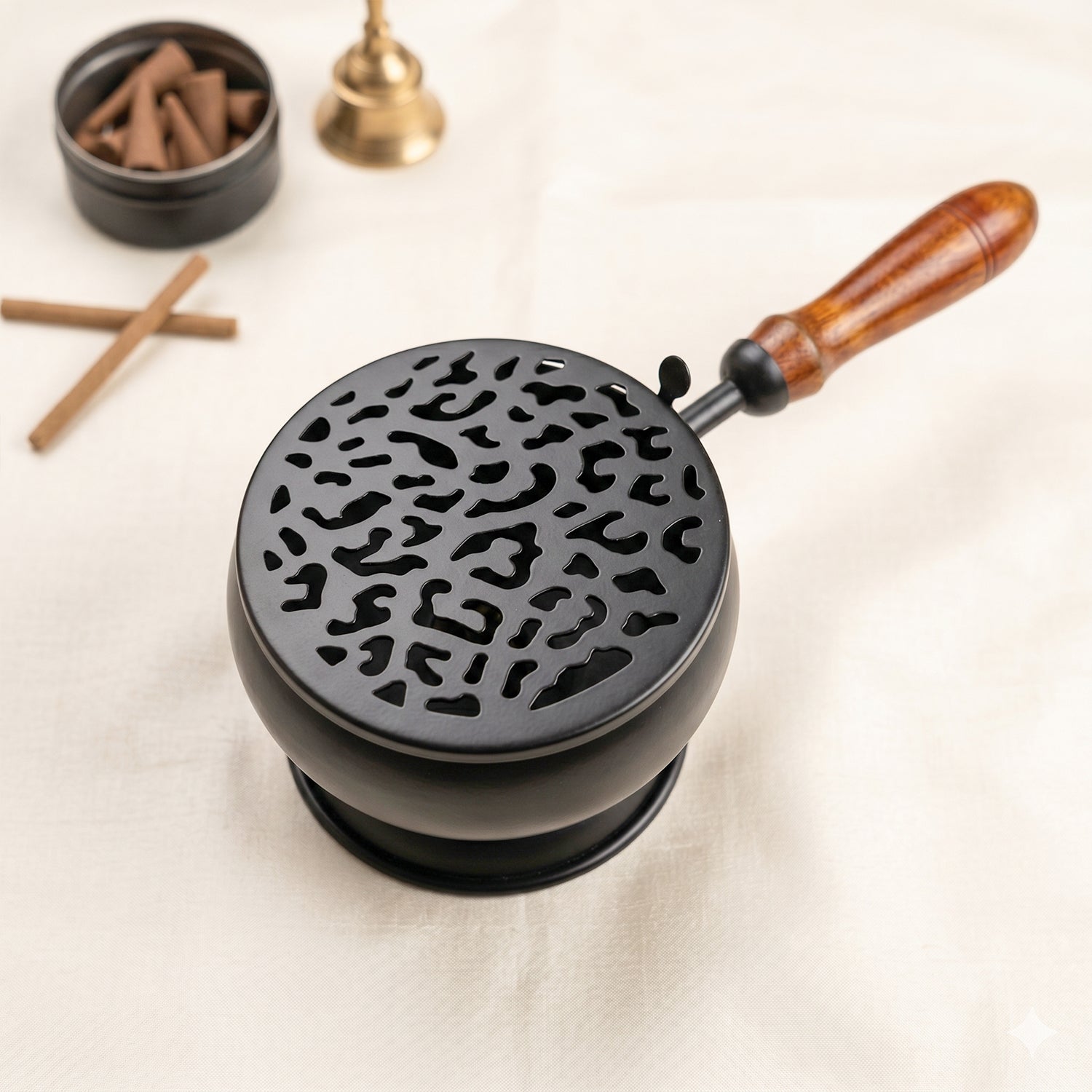 Metal Dhoop Dani with Wooden Handle for Pooja, Meditation & Home Temple Rituals