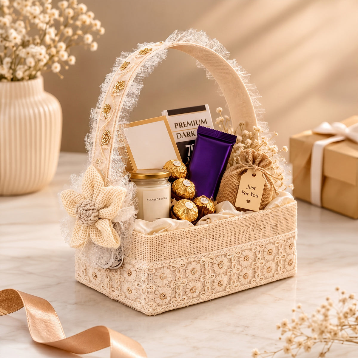 Floral Empty Gift Hamper Basket with Detachable Handle