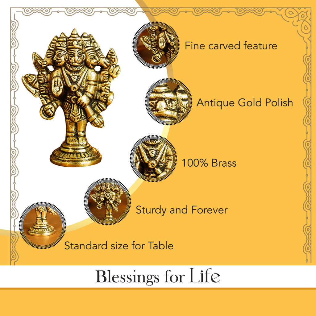 Pure Brass Panchmukhi Hanuman Idol for Pooja & Home Decor
