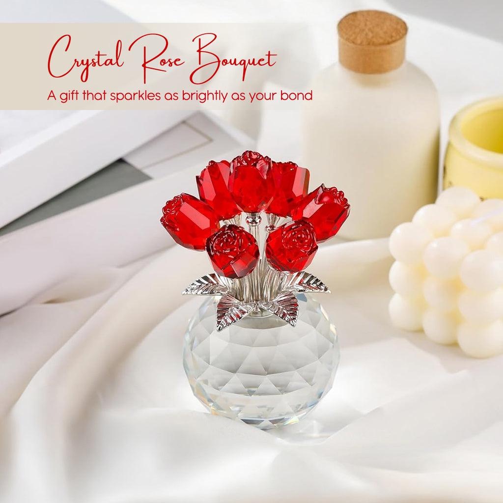Crystal Red Rose Showpiece with Vase for Home Decor, Office & Table Decoration