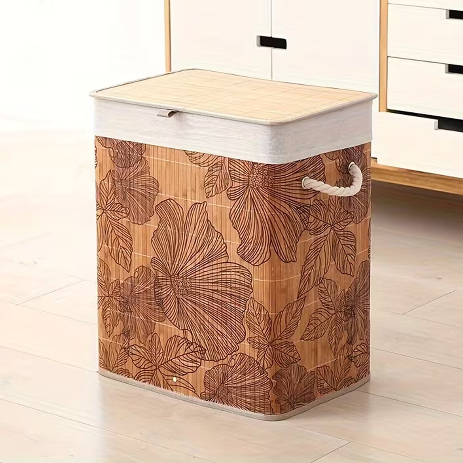 Bamboo Floral Foldable Laundry Basket with Lid for Storage & Organization