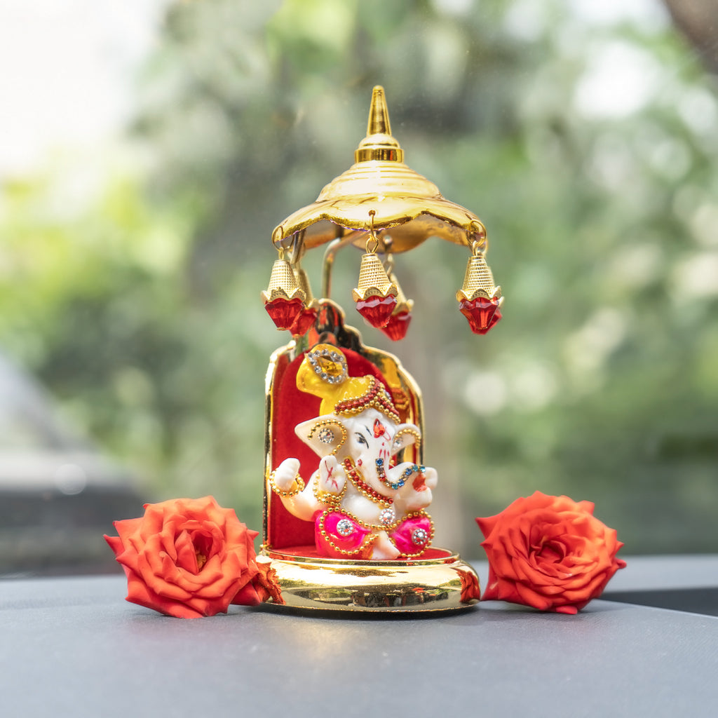 Ganesha Idol with Umbrella for Car Dashboard Decor & Spiritual Gifting