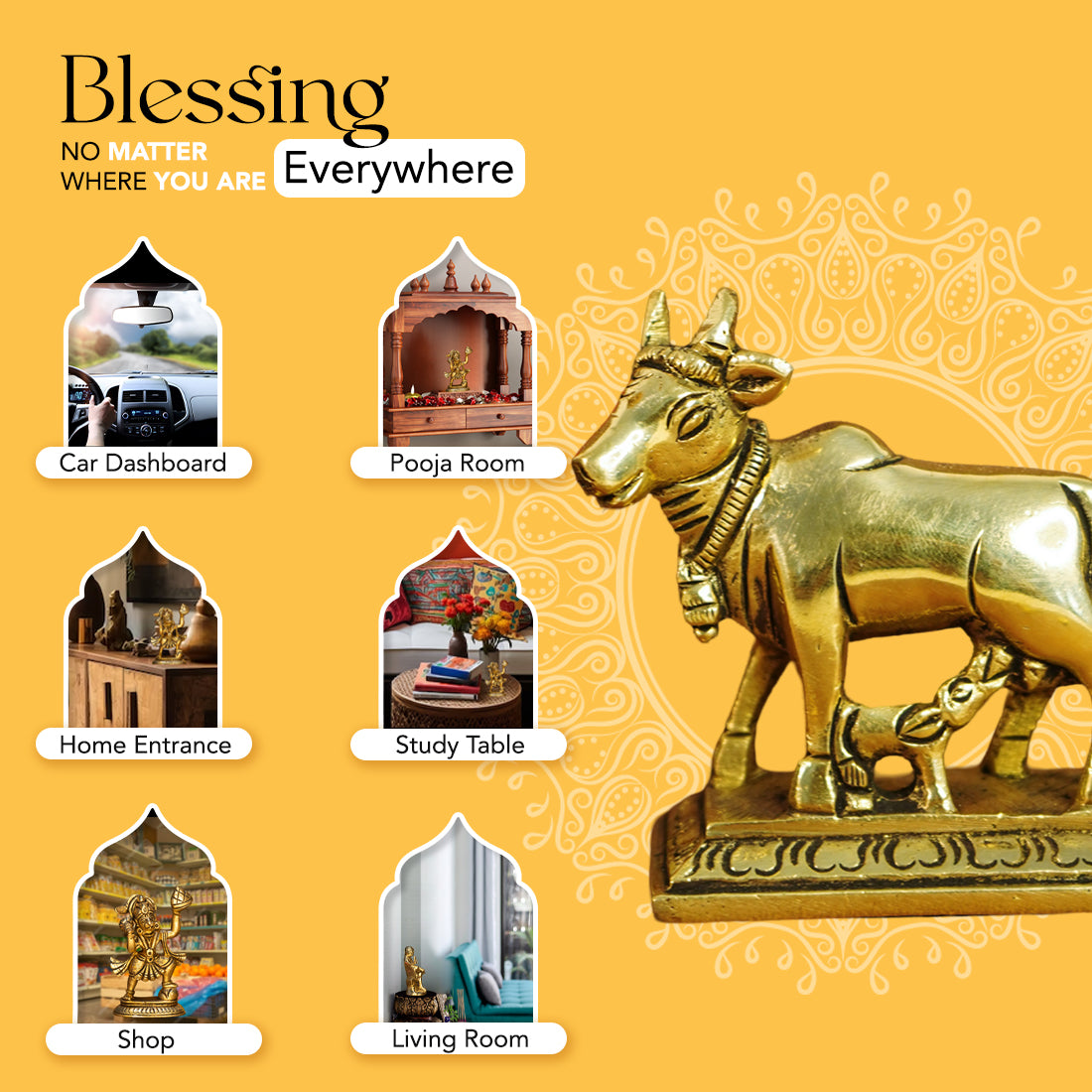 Pure Brass Kamdhenu Cow with Calf Idol for Vastu, Pooja & Home Decor