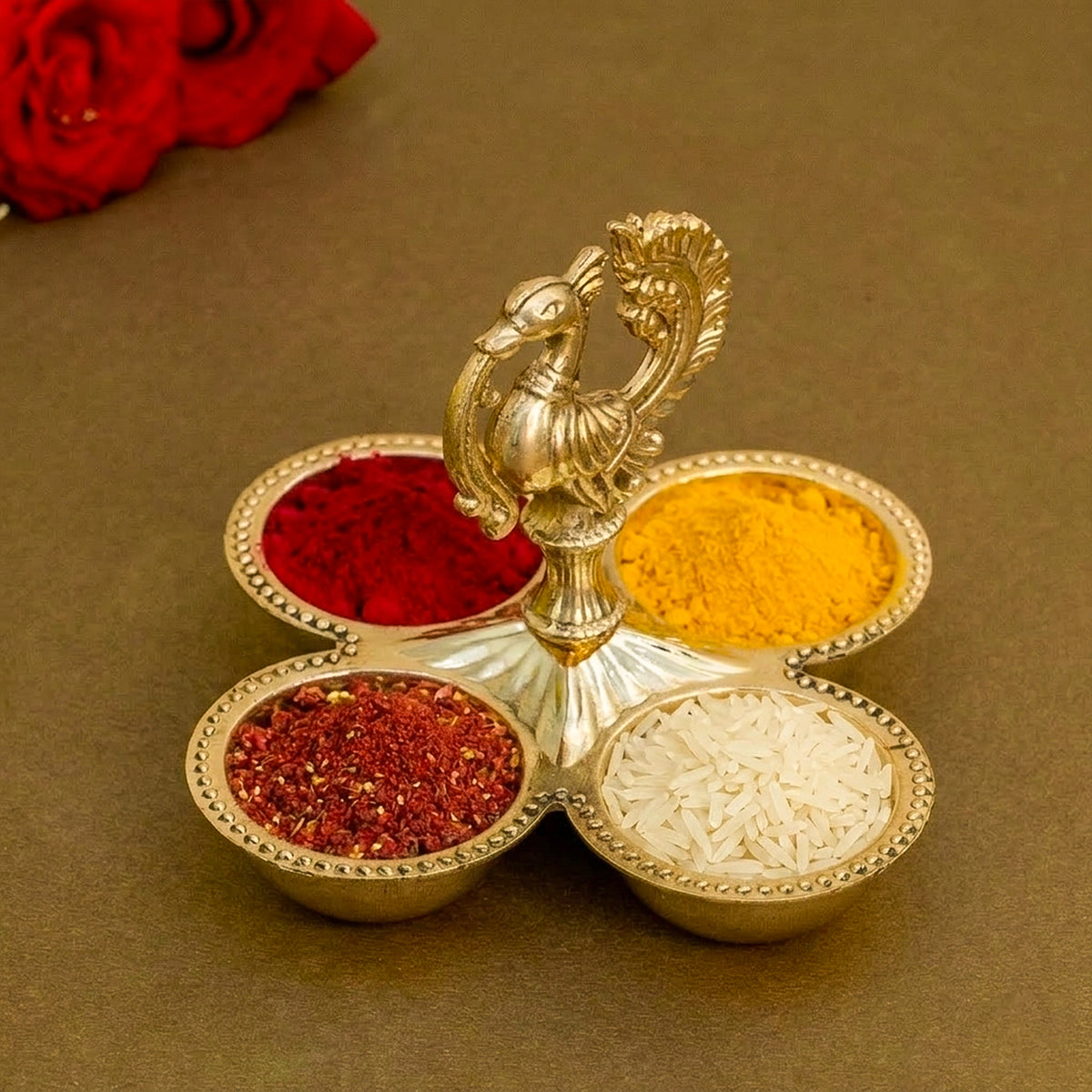Brass Peacock Haldi Kumkum Holder for Pooja Rituals, Festivals & Spiritual Gifting