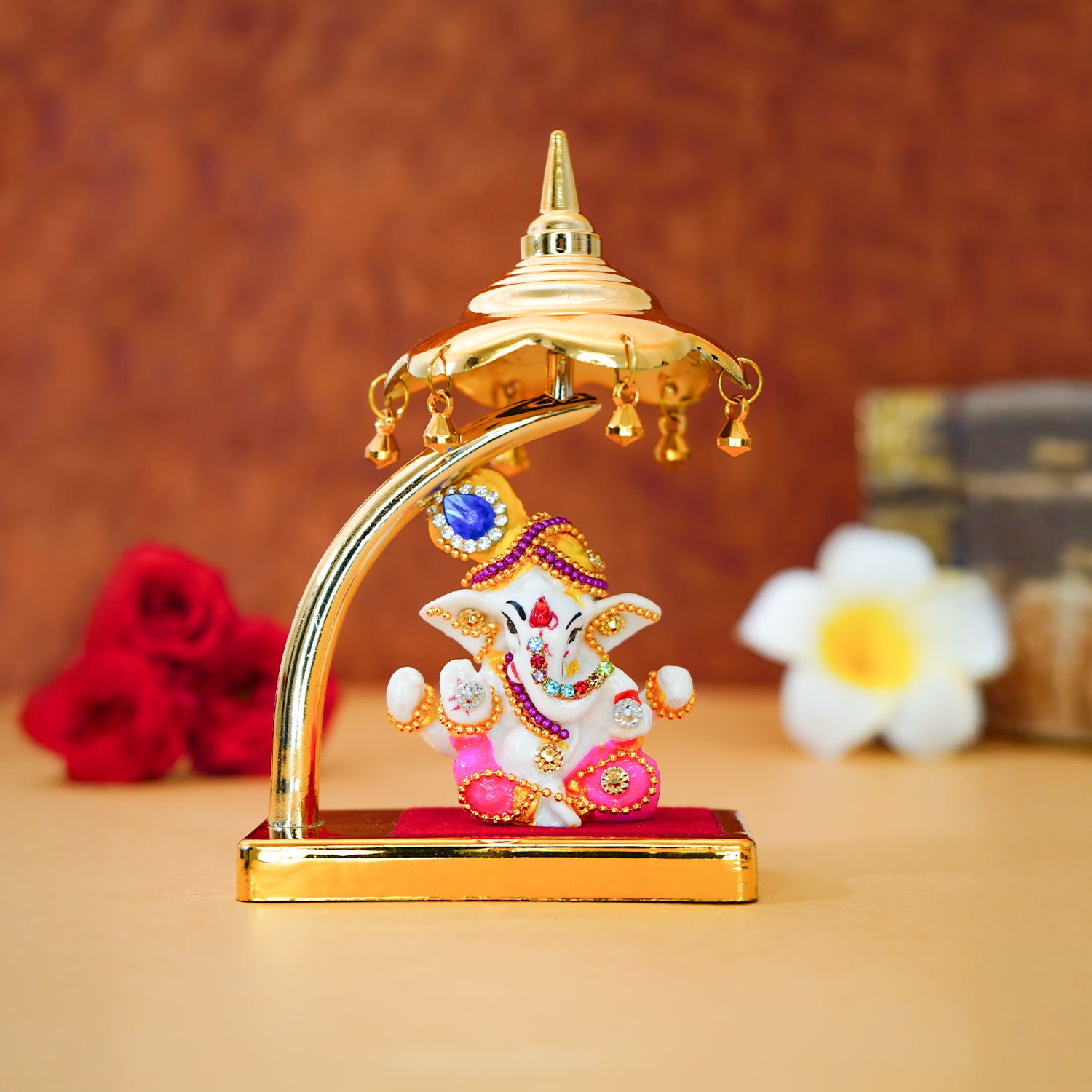 Ganesha Idol with Umbrella for Car Dashboard Decor & Spiritual Gifting