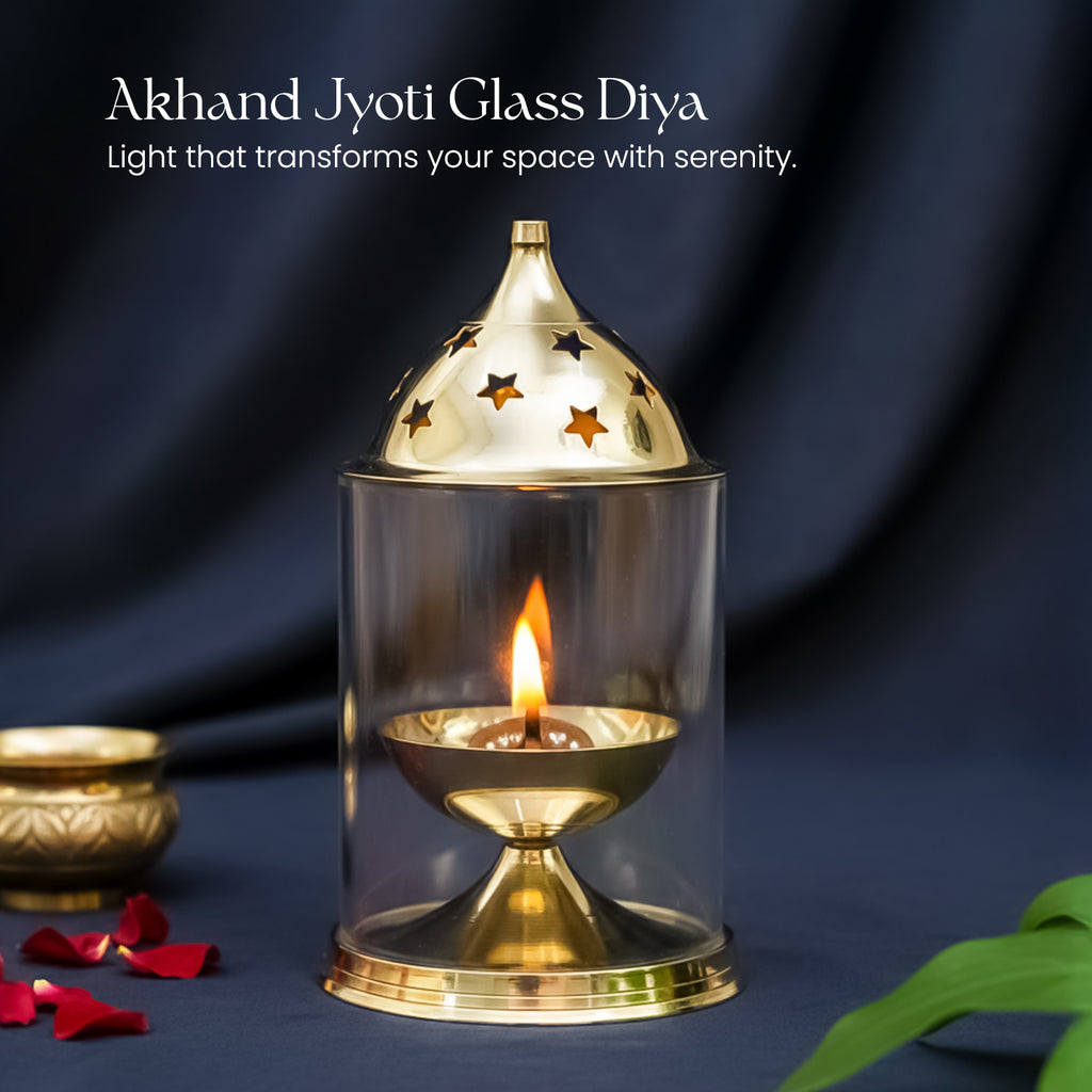 Brass Akhand Jyot Diya with Adjustable Bati Knob & Glass Cover for Puja
