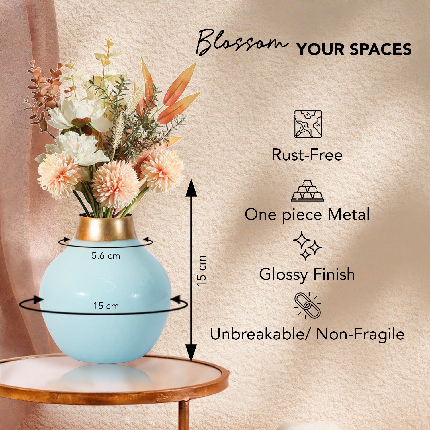 Metal Blue Flower Vase for Home Decor, Living Room & Gifting