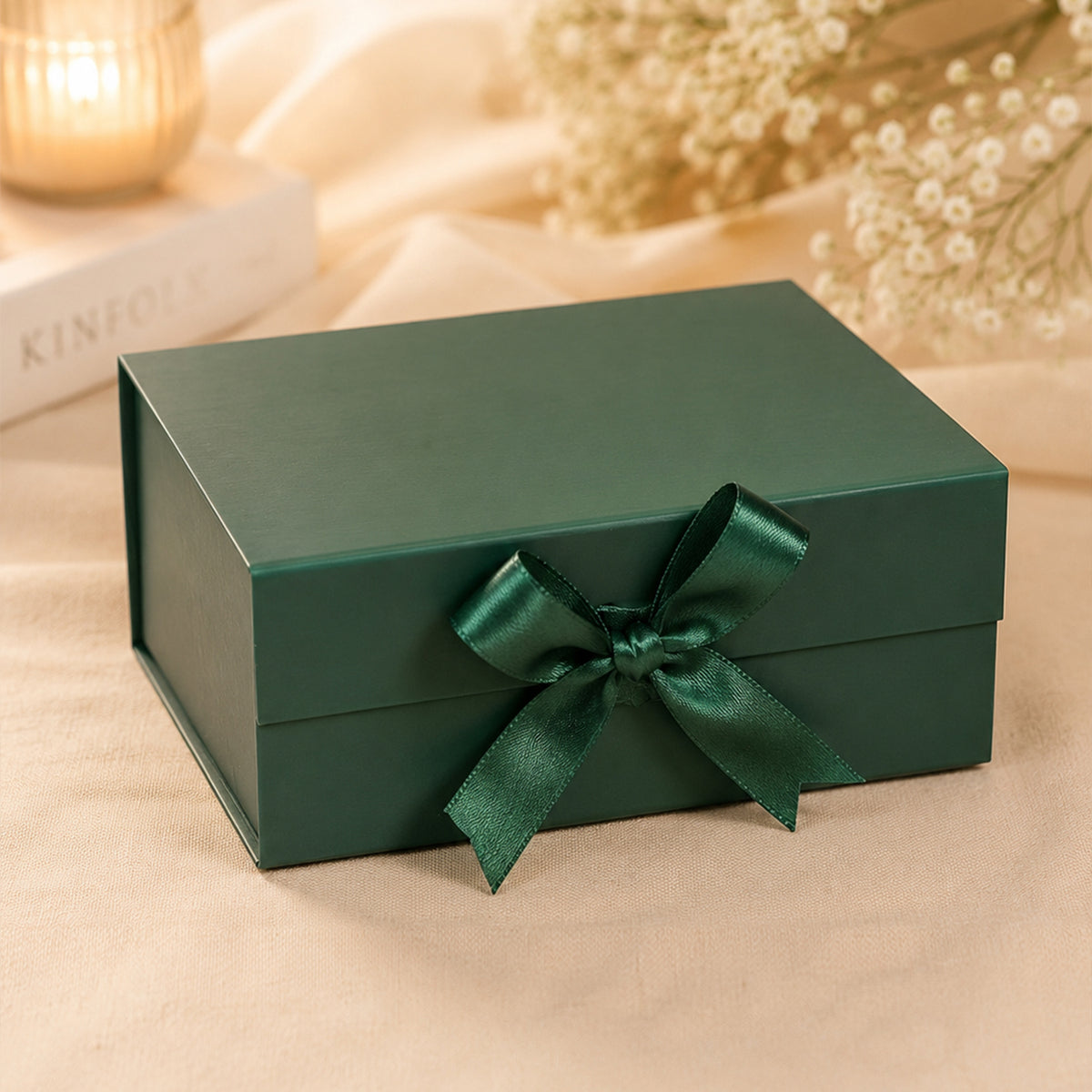 Green Foldable Multipurpose Empty Gift Hamper Box with Magnetic Closure & Ribbon (21.5 x 21 x 9.5 cm)
