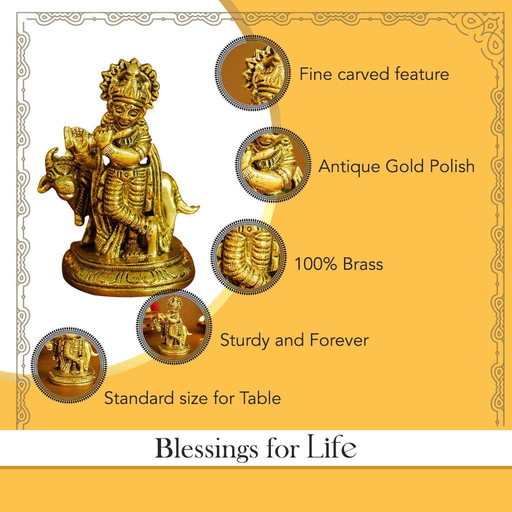Pure Brass Lord Krishna Idol for Home Decor, Office Decor & Gifting