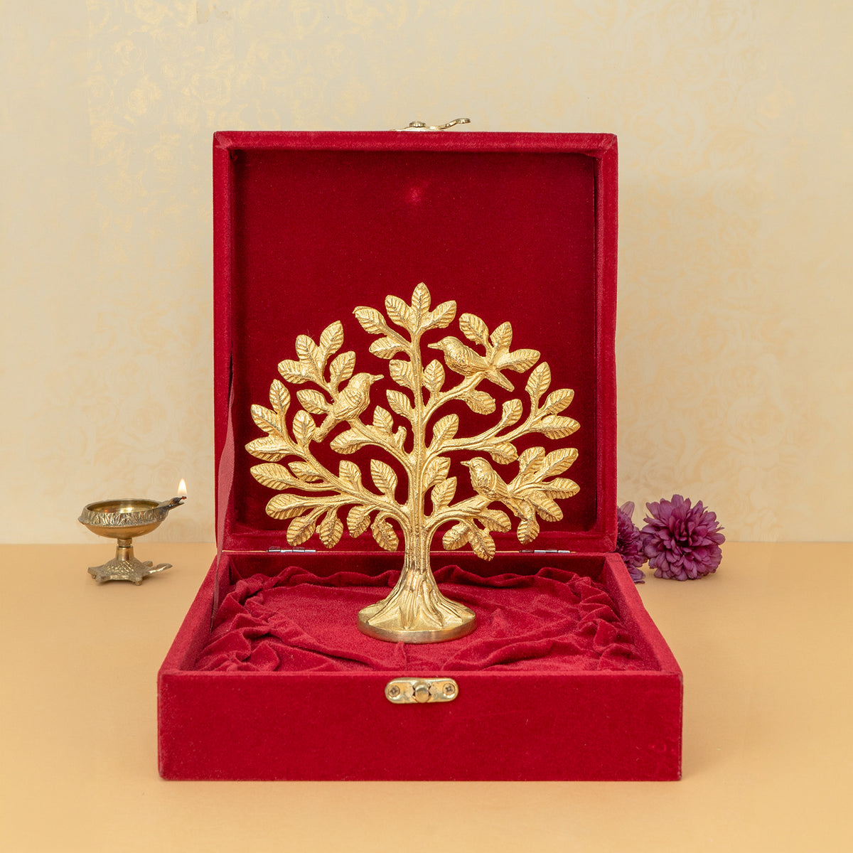 Brass Kalpavriksha Tree of Life Showpiece with Velvet Gift Box for Housewarming, Wedding & Gifting
