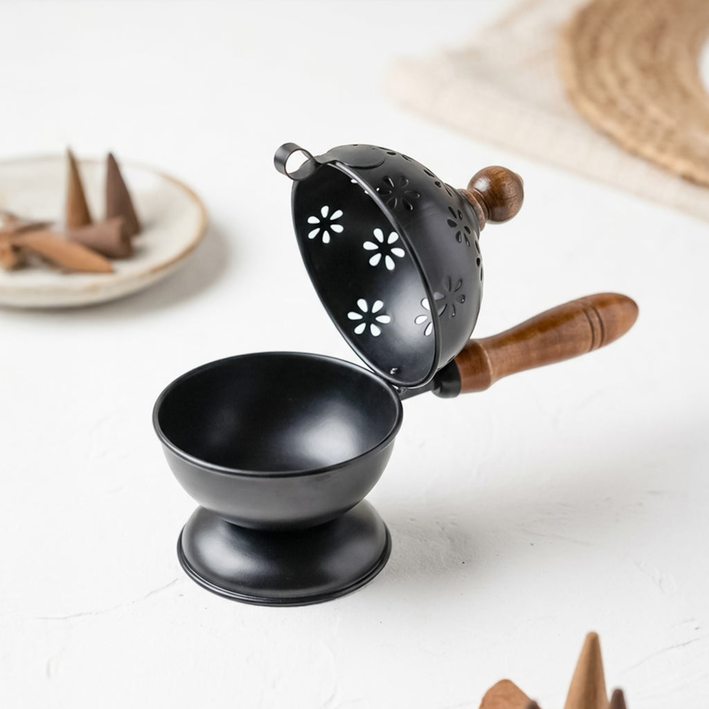 Metal Dhoop Dani with Wooden Handle for Pooja, Meditation & Home Temple Rituals