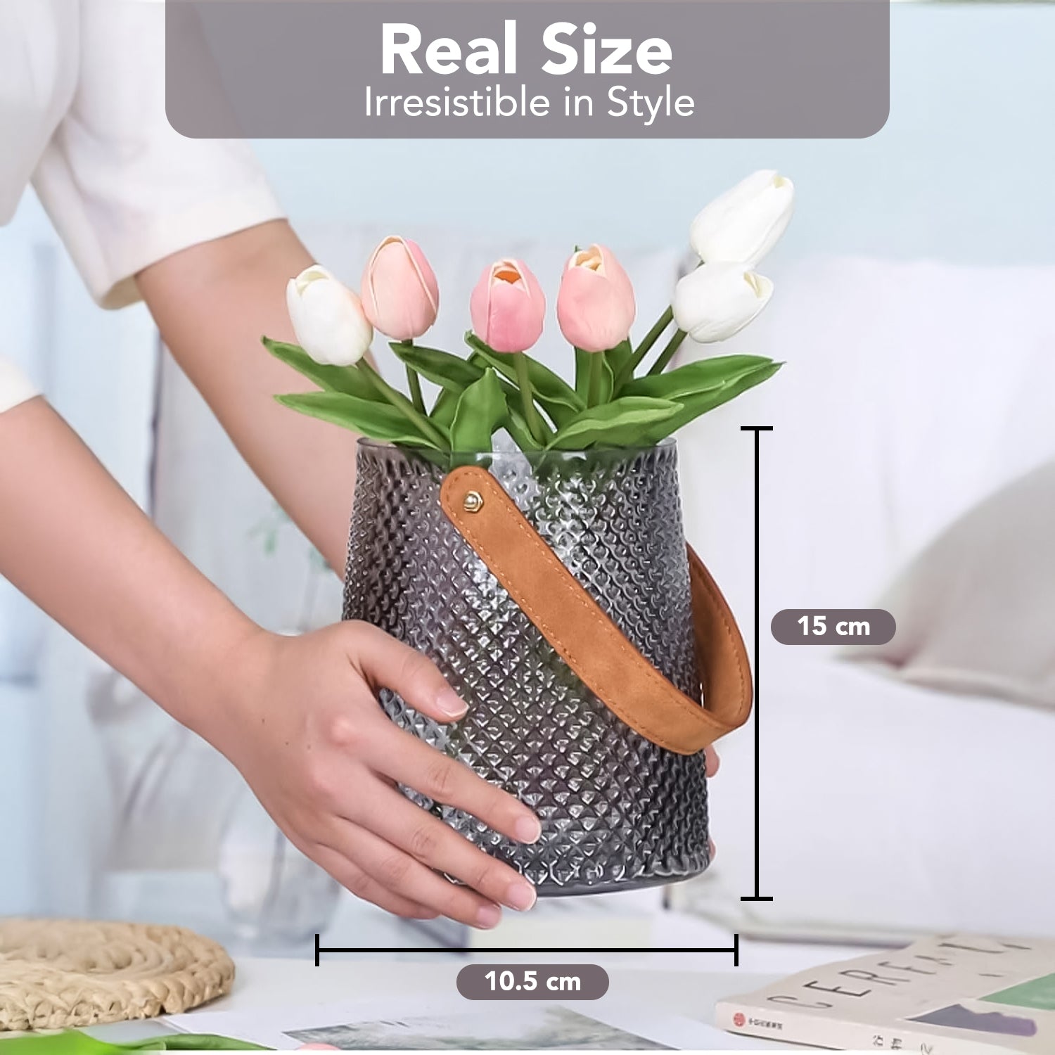Glass Flower Vase with Leather Handle for Home Decor & Table Decoration