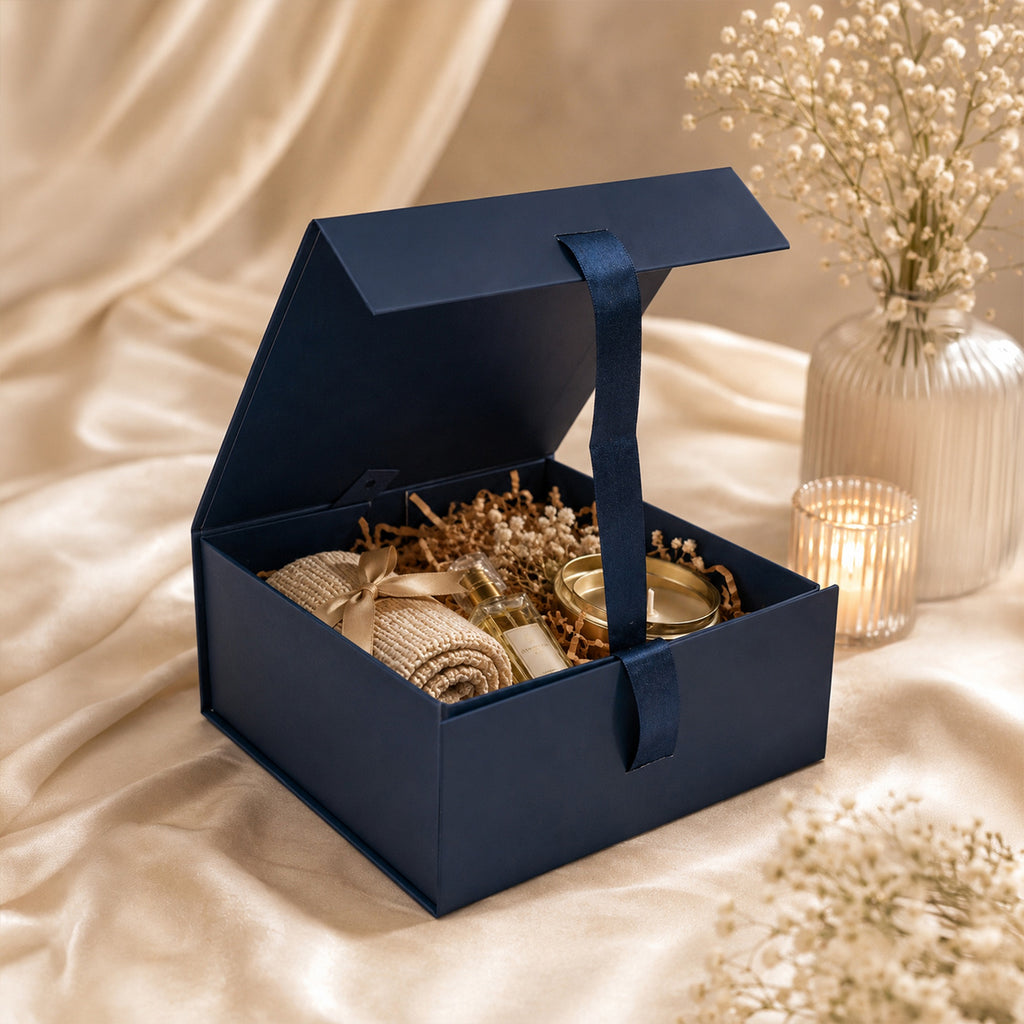 Foldable Multipurpose Empty Gift Hamper Box with Magnetic Closure & Ribbon (21.5 x 21 x 9.5 cm)