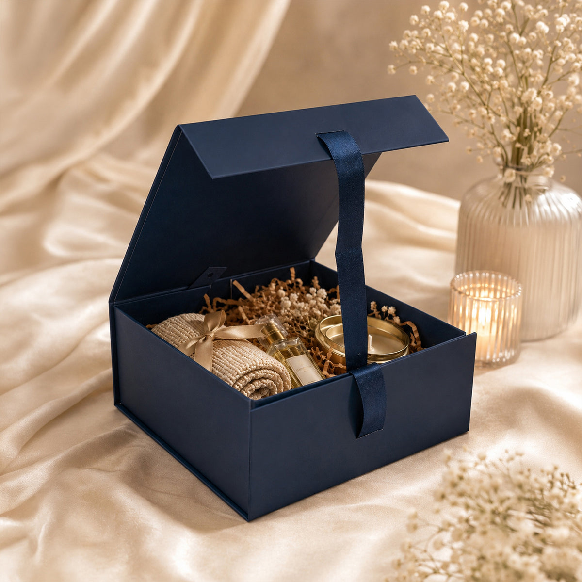 Foldable Multipurpose Empty Gift Hamper Box with Magnetic Closure & Ribbon (21.5 x 21 x 9.5 cm)