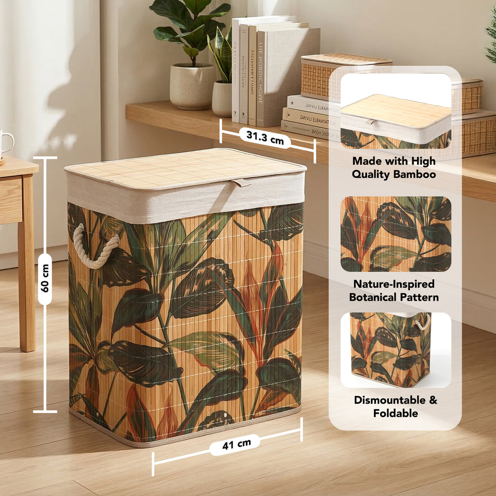 Bamboo Leaf Design Foldable Laundry Basket with Lid for Storage & Organization