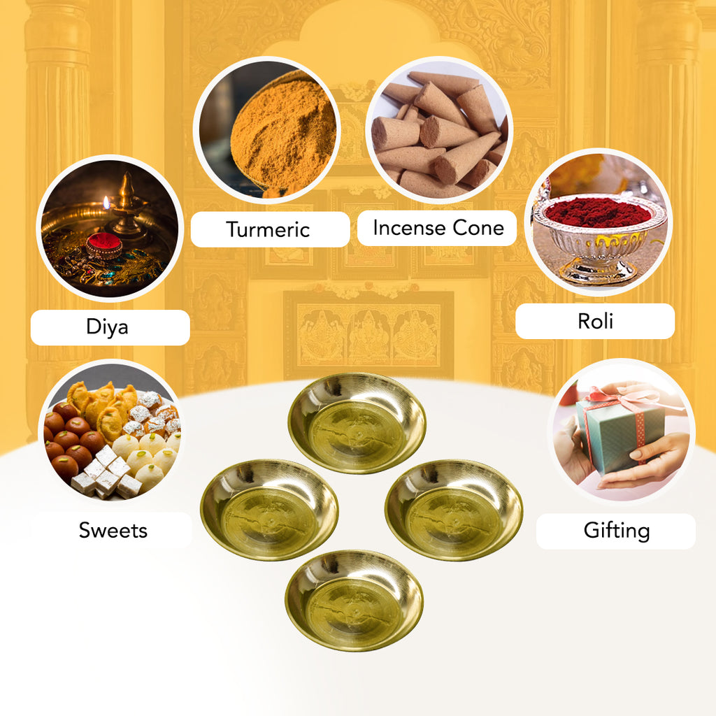 Brass Small Pooja Thali Set of 4 for Pooja, Home & Temple
