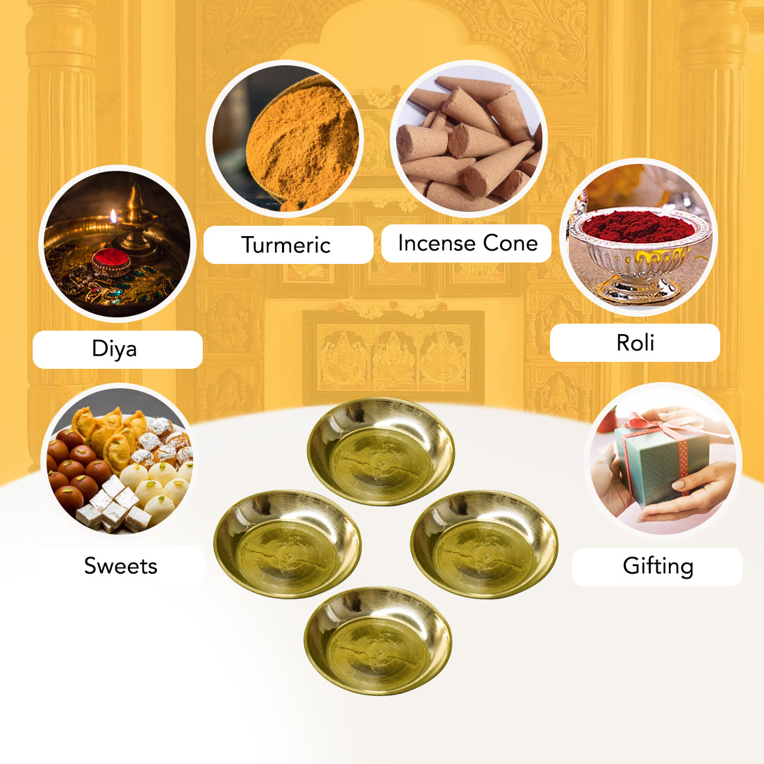Brass Small Pooja Thali Set of 4 for Pooja, Home & Temple